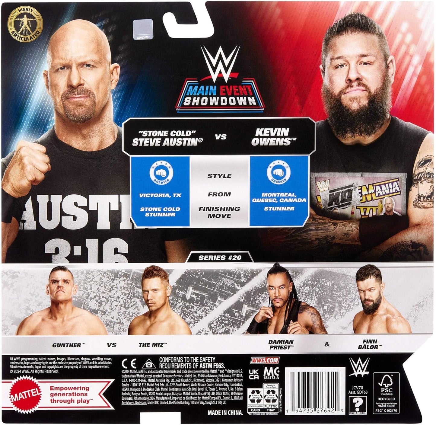 Mattel WWE Main Event Championship Showdown 2-Pack Action Figures & Accessory, Series #20 “Stone Cold” Steve Austin vs Kevin Owens Collectible Set