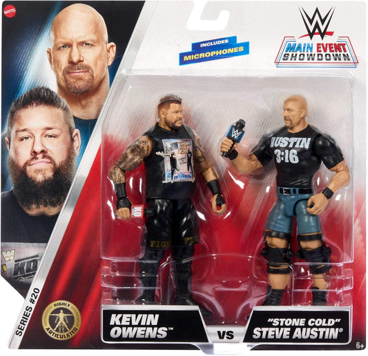 Mattel WWE Main Event Championship Showdown 2-Pack Action Figures & Accessory, Series #20 “Stone Cold” Steve Austin vs Kevin Owens Collectible Set